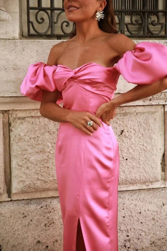 Long Satin Prom Dress with Puff Sleeves,Unique Evening Gowns simple gentle atmospheric and unique desi Bring summer colors to enhance whiteness by YiHuiw