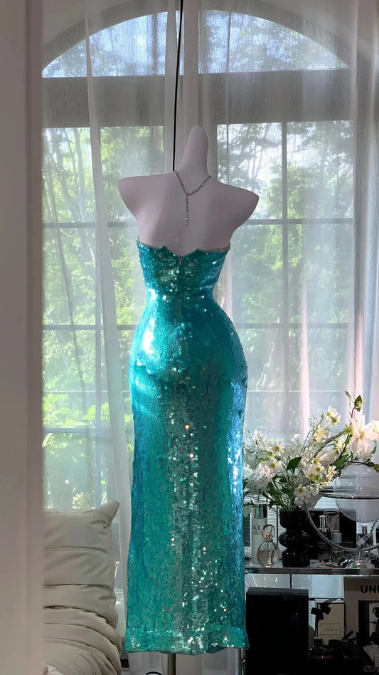 Long Sequin Prom Dress Evening Dress Party Dress simple gentle atmospheric and unique desi Bring summer colors to enhance whiteness by YiHuiw