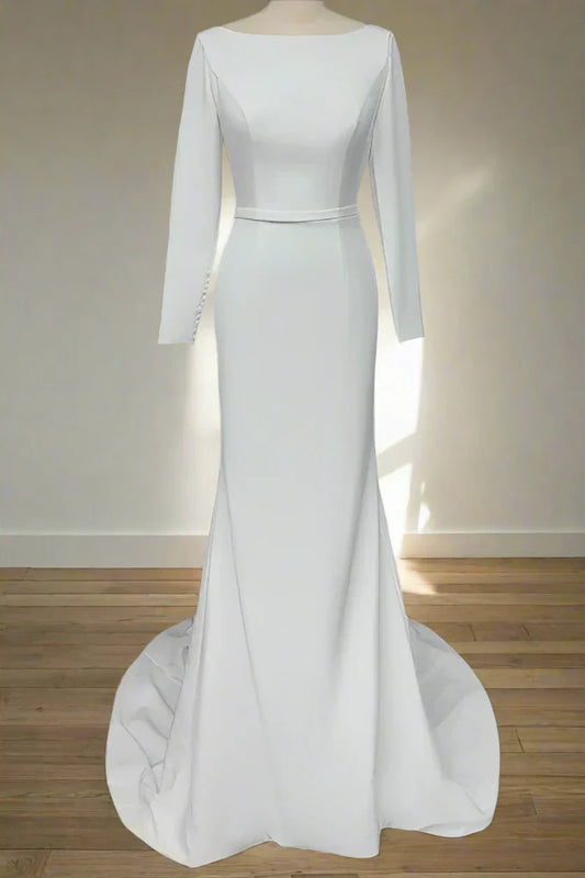 Long Sleeve Wedding Dresses with Boat Neck, Fitted Waistband and Mermaid Train Bridal Dress