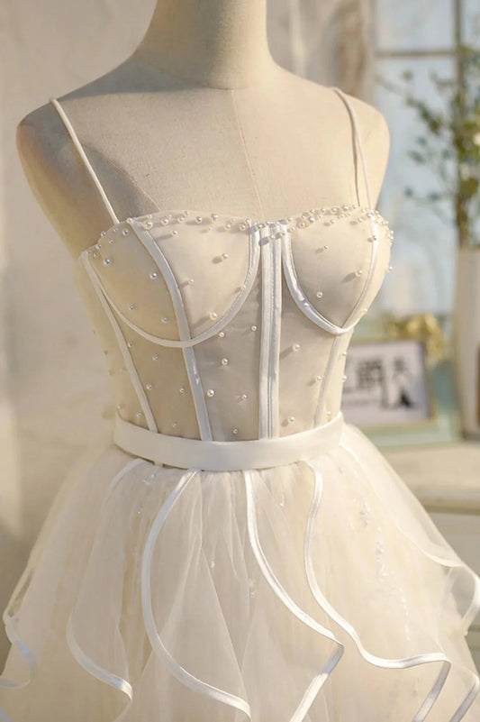 Lovely Spaghetti Strap Tulle Short Prom Dress A-Line Homecoming Dress simple gentle atmospheric and unique desi Bring summer colors to enhance white by YiHuiw