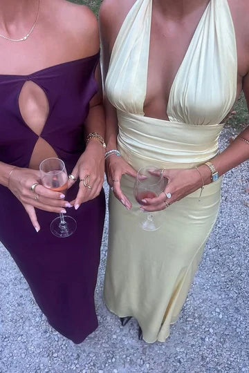 Pale Yellow Satin Bridesmaid Dress with Halter Neckline and Open Back