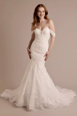 Luminous Sequin-Lace Mermaid Off-the-Shoulder Sweetheart Low-Back Train Wedding Dress