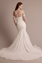 Luminous Sequin-Lace Mermaid Off-the-Shoulder Sweetheart Low-Back Train Wedding Dress