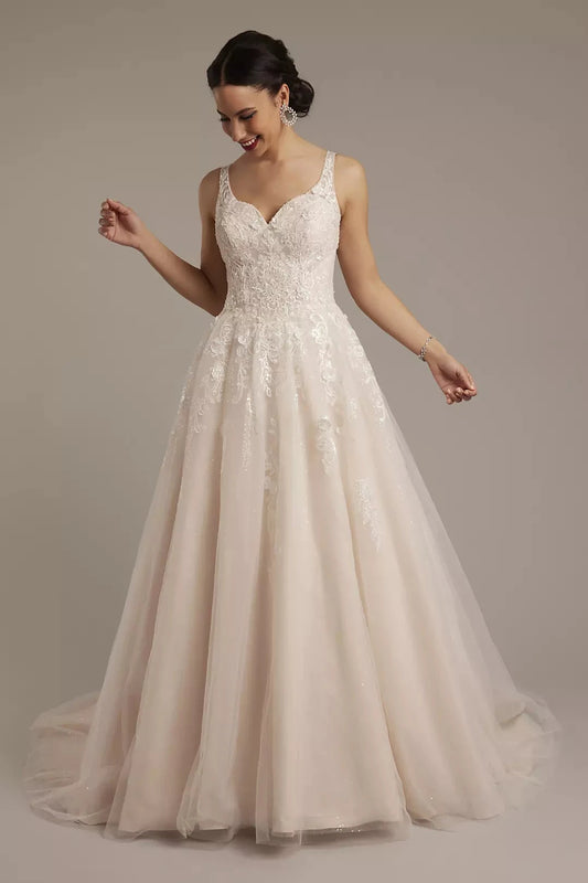 Luminous Sequin-Tulle A-Line Lace-Embellished V-Neck Corset-Back Train Wedding Dress by YiHuiw