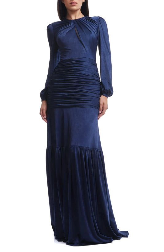 Luxe Ruched Mermaid Crew Neck Long Sleeve Solid Back Floor Length For Ladies Prom Dress by YiHuiw