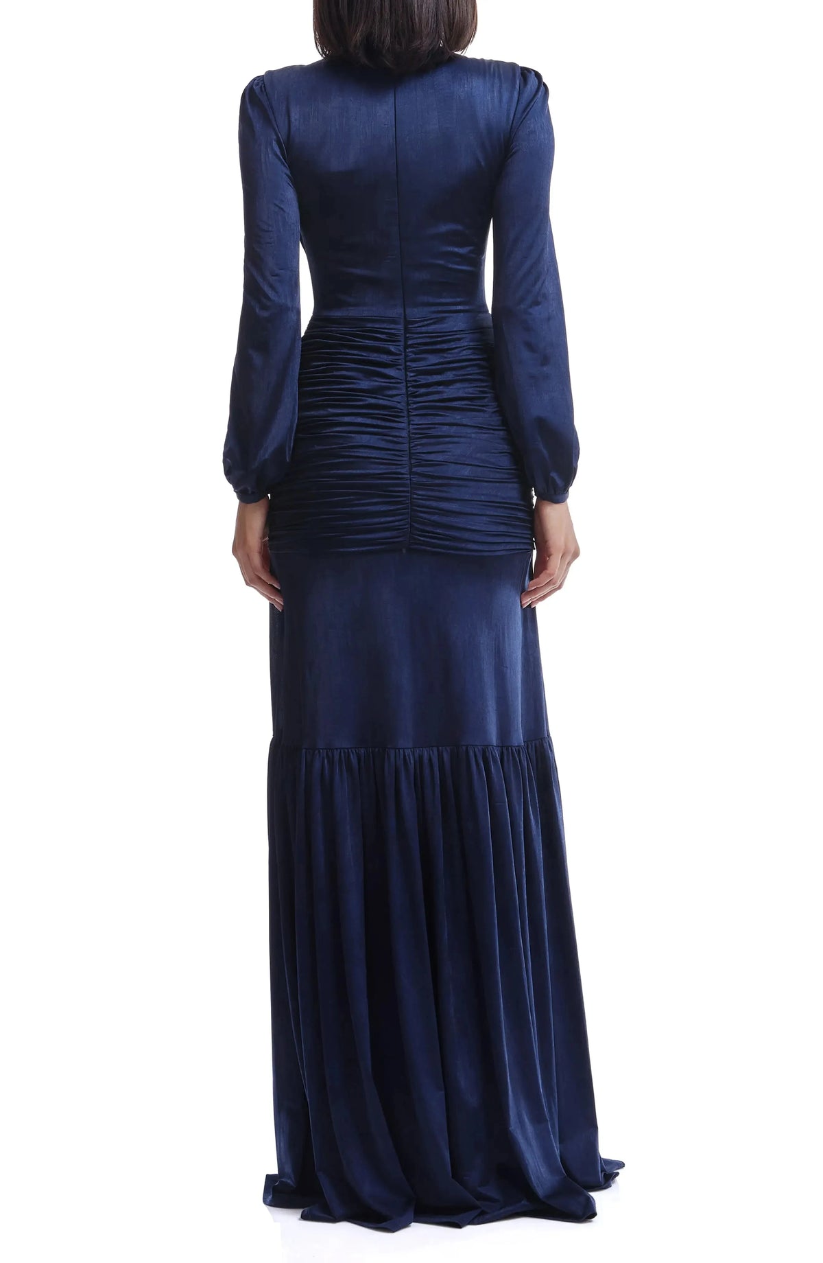Luxe Ruched Mermaid Crew Neck Long Sleeve Solid Back Floor Length For Ladies Prom Dress by YiHuiw