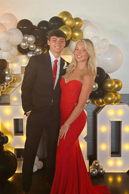 Luxe Stretch Jersey Strapless Sweetheart Ruched Bodice Mermaid Prom Dress with Tie Back & Train by JiMiss Dresses