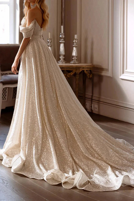 Luxe Glitter Ballgown Off-the-Shoulder Sweetheart Ruched-Bodice High-Slit Cathedral-Train Wedding Dress by YiHuiw