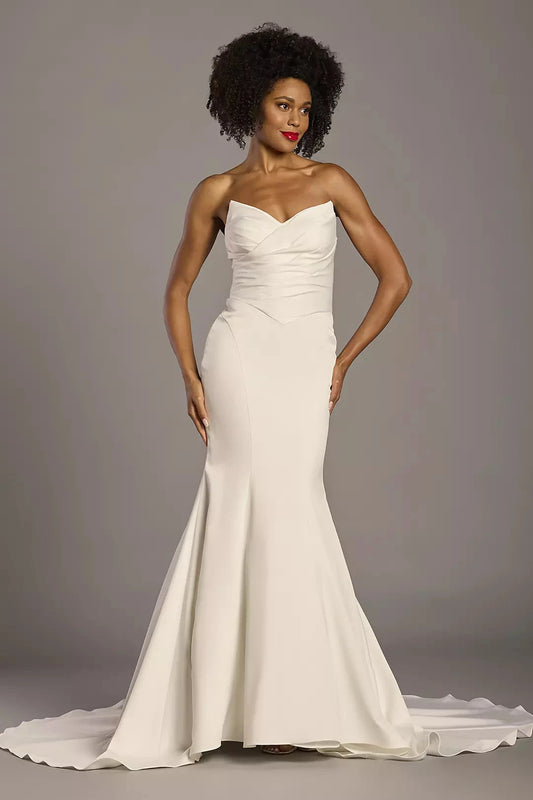 Luxe Mermaid Strapless Sweetheart Satin Ruched-Bodice Open-Back Train Wedding Dress by YiHuiw
