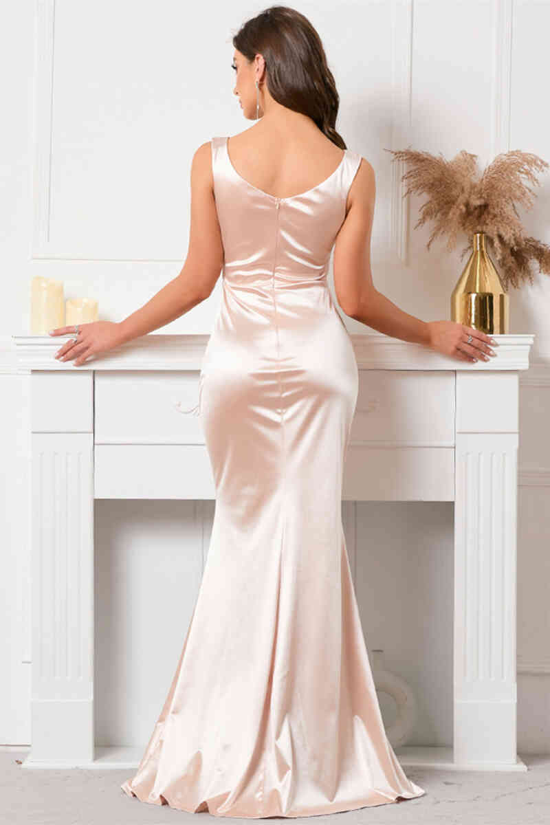 Luxe Satin Evening Dresses with Sculpted V-Neckline, Daring High Slit and Ruched Bodice Formal Dress