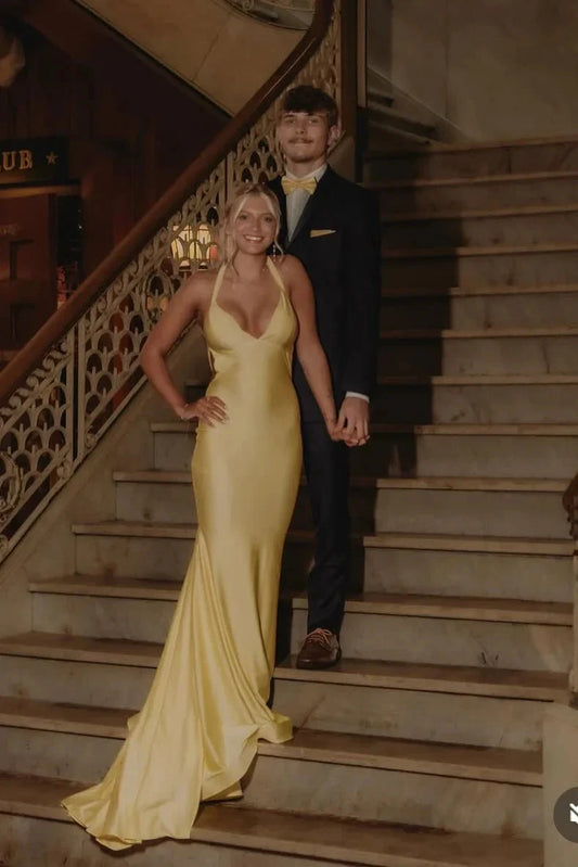 Luxe Satin Halter Plunge V-Neck Crisscross Open Back Mermaid Prom Dress with Train by JiMiss Dresses