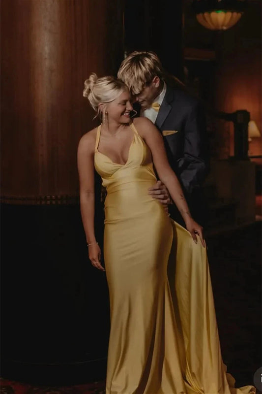 Luxe Satin Halter Plunge V-Neck Crisscross Open Back Mermaid Prom Dress with Train by JiMiss Dresses