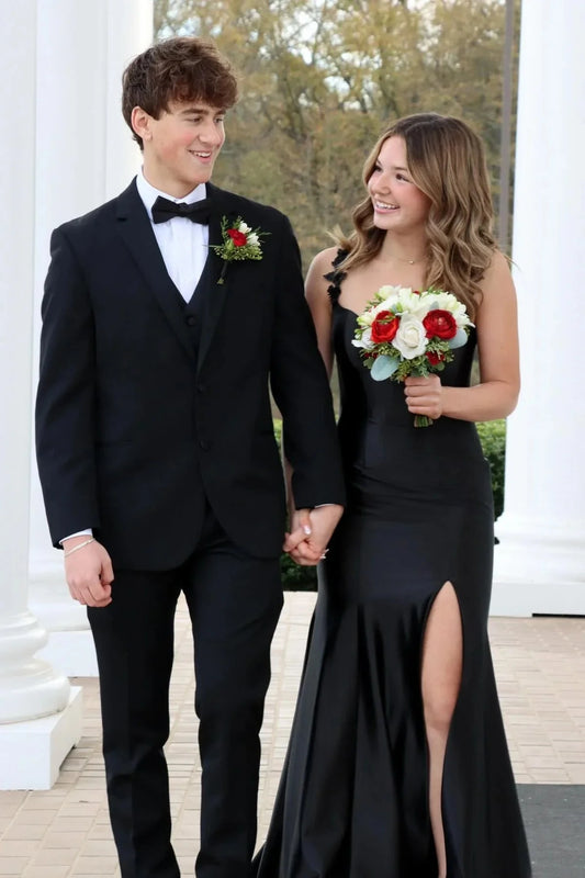 Luxe Satin Ruffle Strap Sweetheart Neck Open Back High Slit Floor-Length Prom Dress by JiMiss Dresses