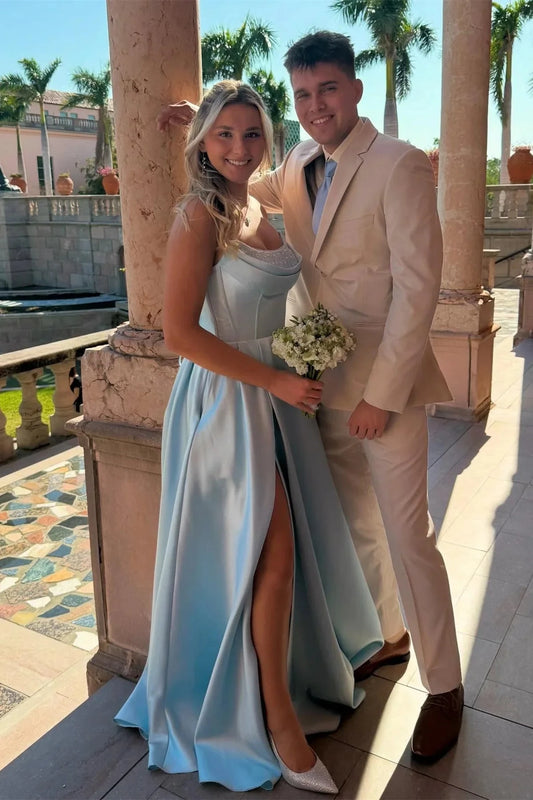 Luxe Satin Strapless Sweetheart Neck Lace-Up Back High Slit Floor-Length Prom Dress by JiMiss Dresses