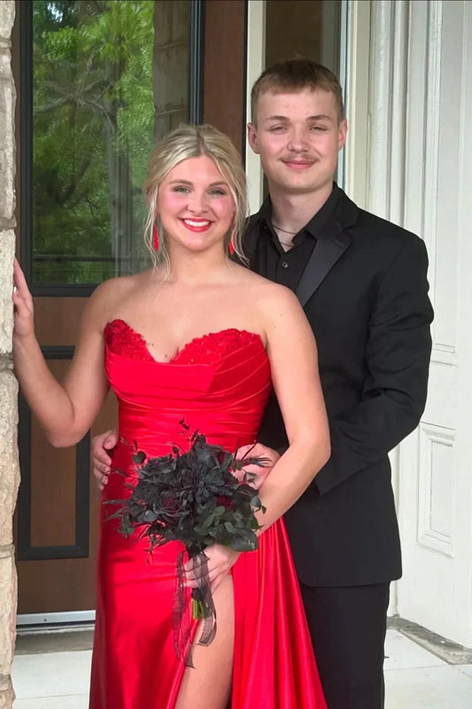 Luxe Satin Strapless Sweetheart Neck Ruched Bodice High Slit Train Prom Dress by JiMiss Dresses