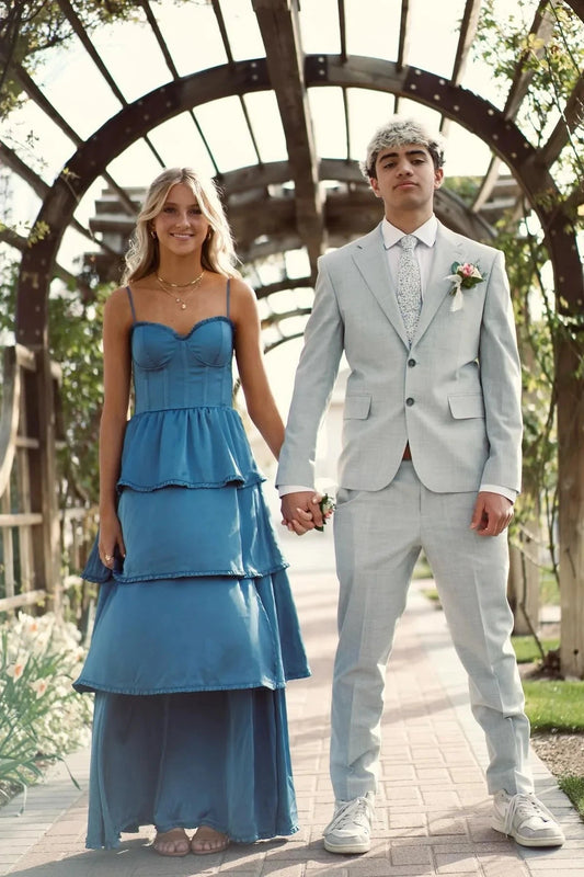 Luxe Satin Tiered Ruffle Sweetheart Neck Sleeveless Lace-Up Back Floor-Length Prom Dress by JiMiss Dresses
