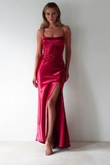 Luxe glossy satin sheath square neck lace-back ruched slit floor length evening dress