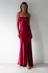 Luxe glossy satin sheath square neck lace-back ruched slit floor length evening dress