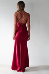 Luxe glossy satin sheath square neck lace-back ruched slit floor length evening dress