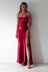 Luxe glossy satin sheath square neck lace-back ruched slit floor length evening dress