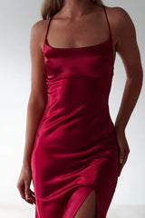 Luxe glossy satin sheath square neck lace-back ruched slit floor length evening dress