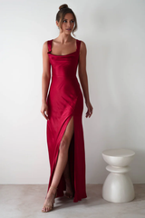 Luxe satin sheath cowl square neck lace-back slit floor length evening dress