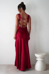 Luxe satin sheath cowl square neck lace-back slit floor length evening dress