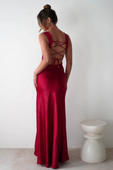 Luxe satin sheath cowl square neck lace-back slit floor length evening dress