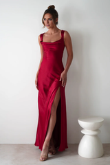 Luxe satin sheath cowl square neck lace-back slit floor length evening dress