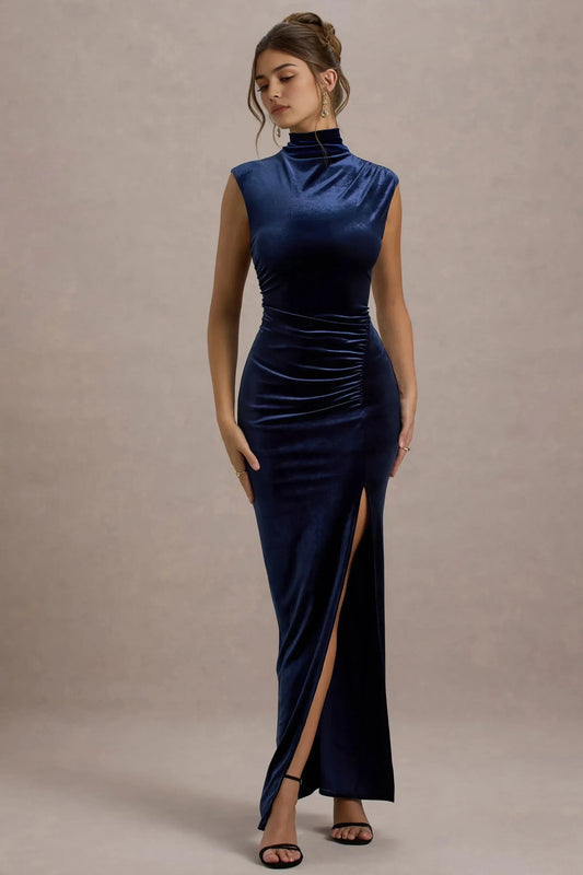 Luxurious Mermaid High Neck Sleeveless Ruched High Slit Floor Length Prom Dress by YiHuiw