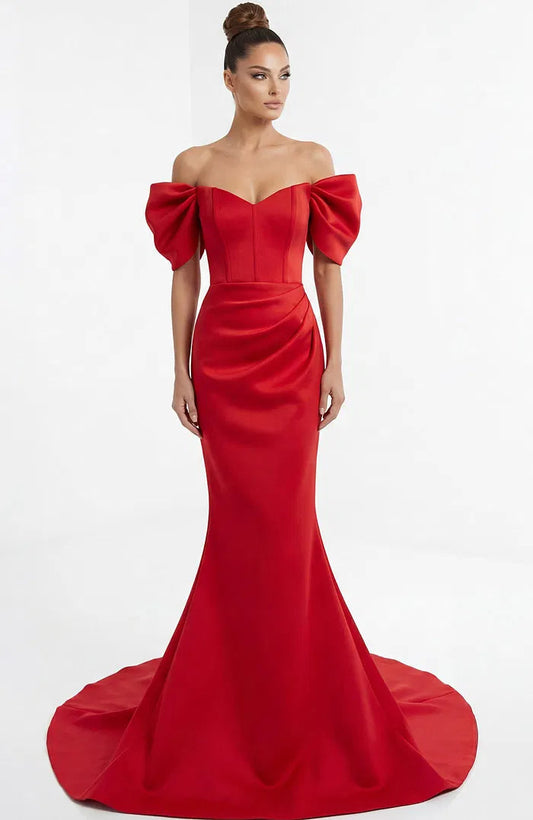 Luxurious Mermaid Off-the-Shoulder Puffed Sleeve Train Detail Floor-Length Evening Dress for Formal Events and Special Occasions