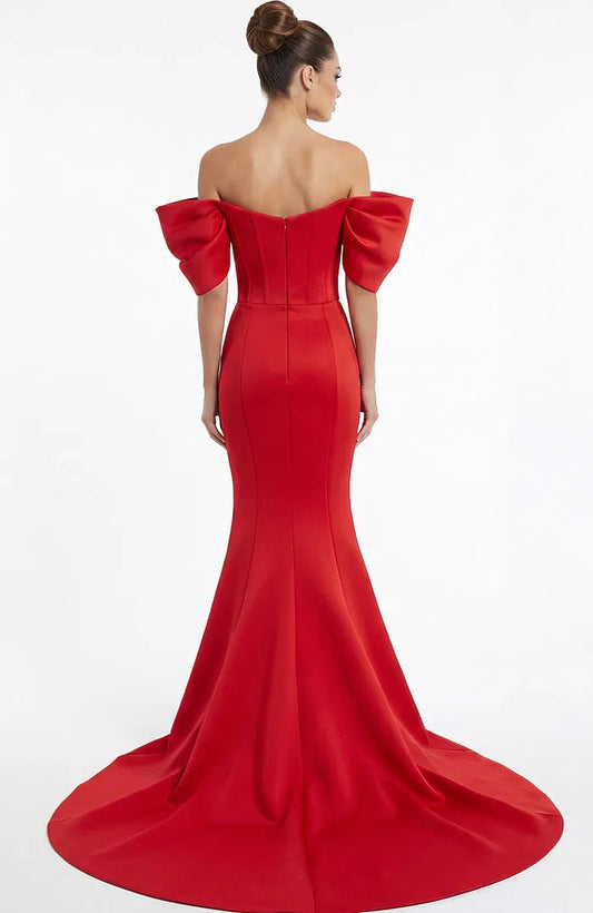 Luxurious Mermaid Off-the-Shoulder Puffed Sleeve Train Detail Floor-Length Evening Dress for Formal Events and Special Occasions
