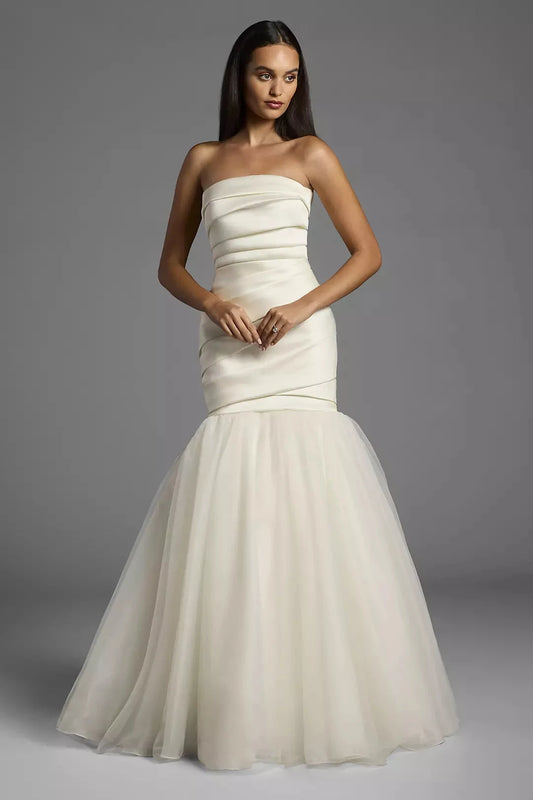 Luxurious Mermaid Strapless Ruched Satin Tulle Overlay Open Back Train Wedding Dress by YiHuiw