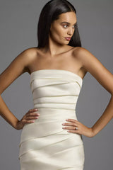 Luxurious Mermaid Strapless Ruched Satin Tulle Overlay Open Back Train Wedding Dress