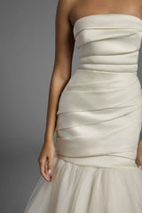 Luxurious Mermaid Strapless Ruched Satin Tulle Overlay Open Back Train Wedding Dress