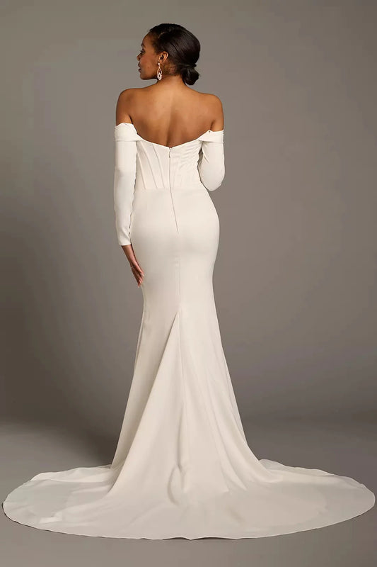Luxurious Modern Mermaid Off-the-Shoulder Long-Sleeve Satin Corset Bodice Open-Back Sweeping Train Wedding Dress by YiHuiw