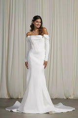 Luxurious Modern Mermaid Off-the-Shoulder Long-Sleeve Satin Corset Bodice Open-Back Sweeping Train Wedding Dress