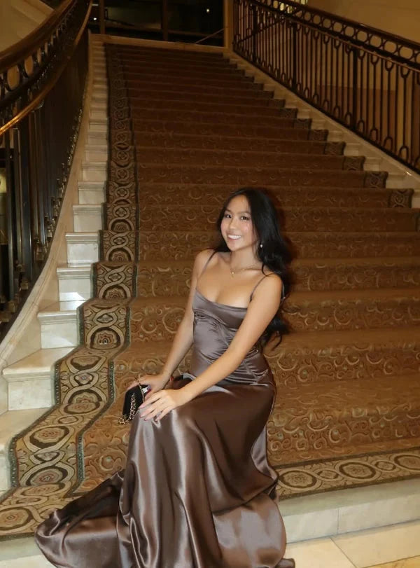 Luxurious satin A-line cowl spaghetti strap corset-back floor length evening dress by YiHuiw