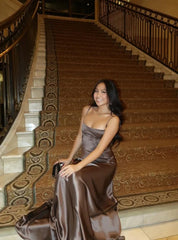 Luxurious satin A-line cowl spaghetti strap corset-back floor length evening dress by YiHuiw