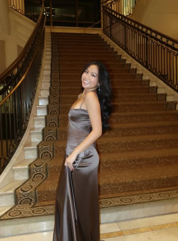 Luxurious satin A-line cowl spaghetti strap corset-back floor length evening dress by YiHuiw