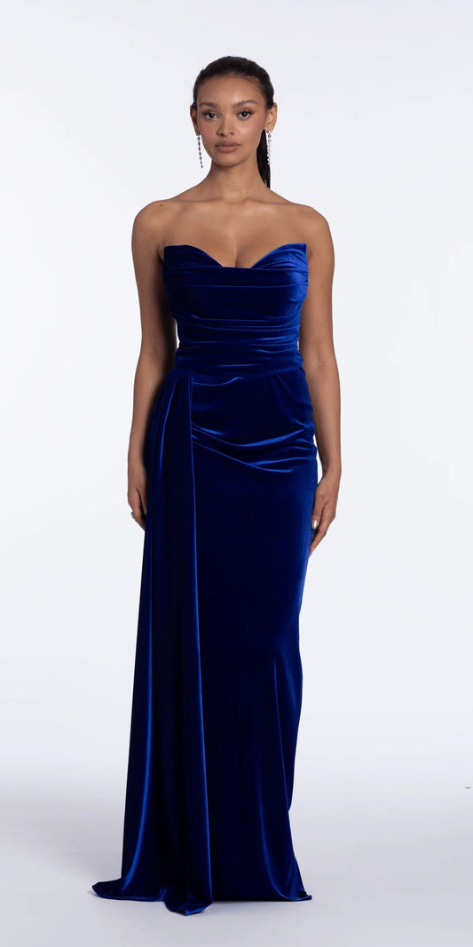 Luxurious strapless velvet evening dress with cowl neck, ruched bodice, high slit and train