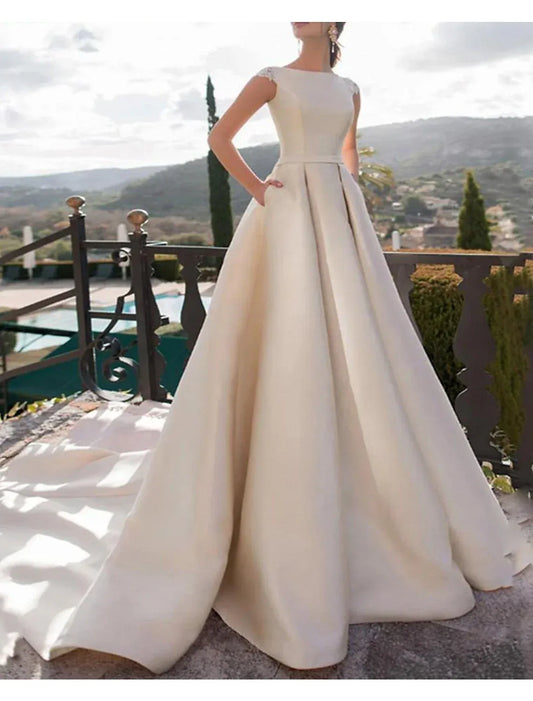 Ball Gown Illusion Cap Sleeve Train Tea-Length Wedding Gown - Yihuiw by Yihuiw