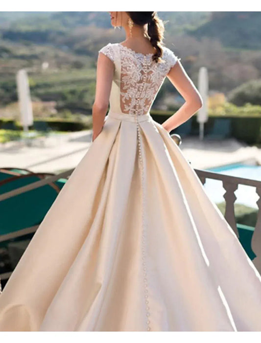 Ball Gown Illusion Cap Sleeve Train Tea-Length Wedding Gown - Yihuiw by Yihuiw