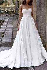 Luxury Ivory Satin Strapless Sweetheart Neck A-Line Wedding Dress with Cathedral Train & Delicate Lace Trim