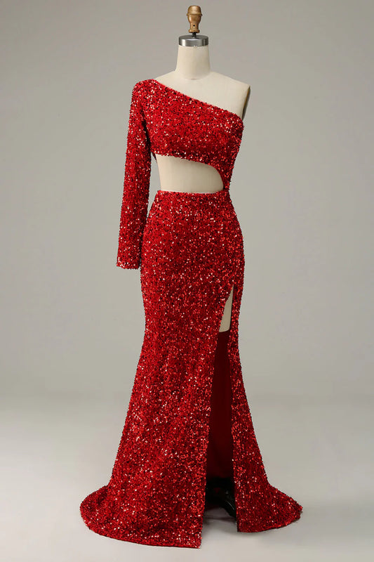One-Shoulder Sequin Mermaid Evening Dress with Long Sleeve, Cutout Waist, and High Slit