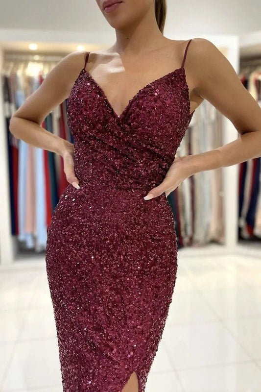 Mermaid V Neck Burgundy Sequins Long Prom Dress with High Slit Sexy Formal Dress Maroon Evening Dresses simple gentle atmospheric and unique desi Bring summer colors to enhance whiteness by YiHuiw