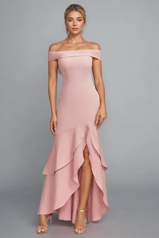 Blush Pink Off-the-Shoulder Mermaid Prom Dress with Ruffle Hem – Elegant Formal Evening Gown