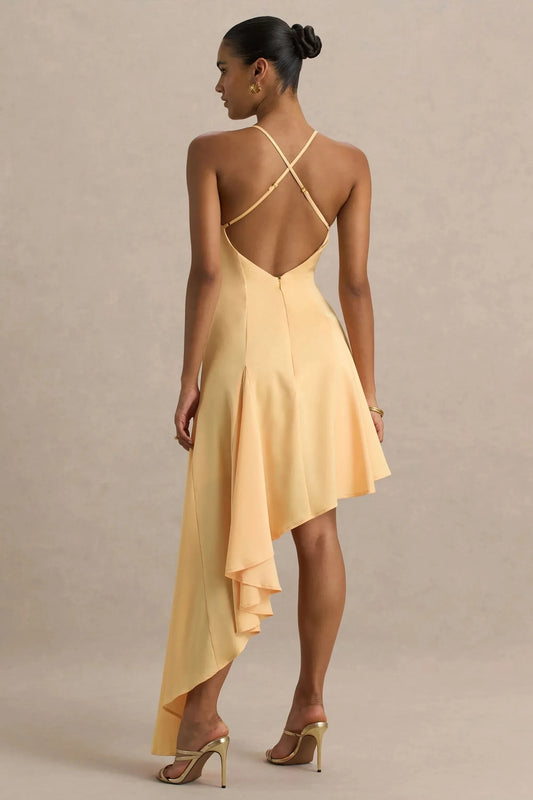Mesmerizing Fit Flare V Neck Spaghetti Strap Open Back Asymmetric Floor Length Prom Dress by YiHuiw