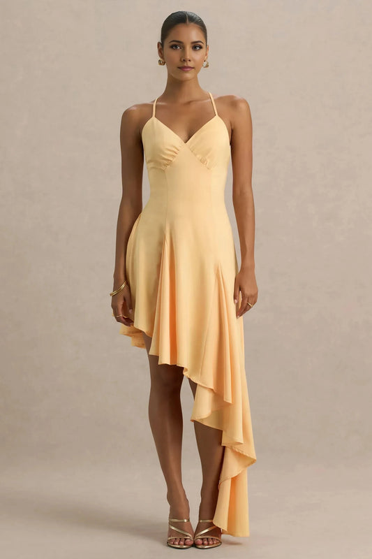 Mesmerizing Fit Flare V Neck Spaghetti Strap Open Back Asymmetric Floor Length Prom Dress by YiHuiw
