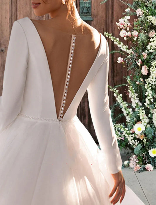 A-Line Tulle Long Sleeve Midi Wedding Dress - Yihuiw by Yihuiw